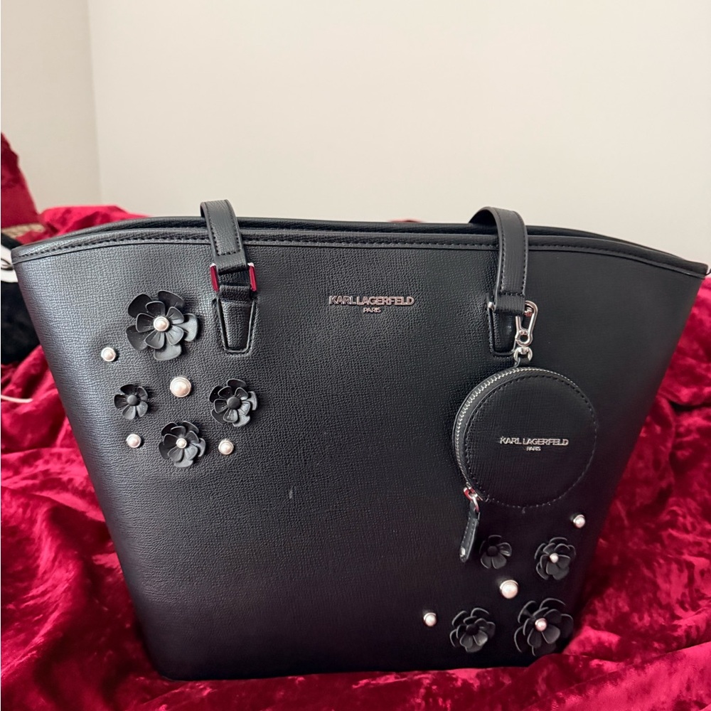 Karl Lagerfeld Black Tote with Floral Accents - Picture 2 of 4